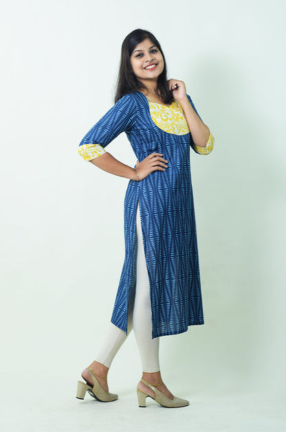 IYKA - Blue printed Kurthi with Yellow Yoke Portion #00004KUR