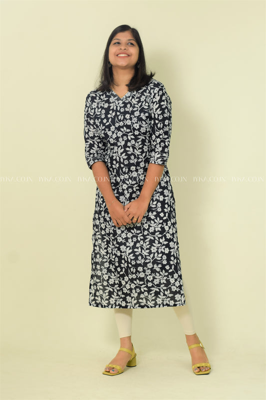 IYKA- BLACK AND WHITE FLORAL PRINTED COTTON STARIGHT CUT KURTHA #00084KUR