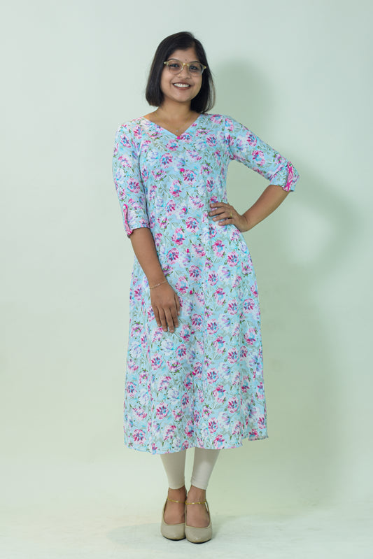 IYKA - Pastel Blue Floral Printed A Line Kurthi #00030KUR