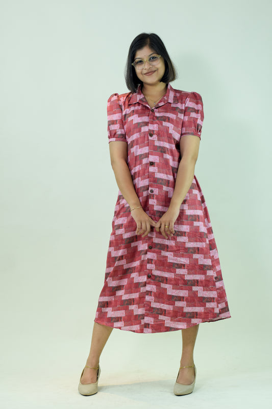 IYKA - Maroon Abstract Printed Full Open Dress #00034DRE