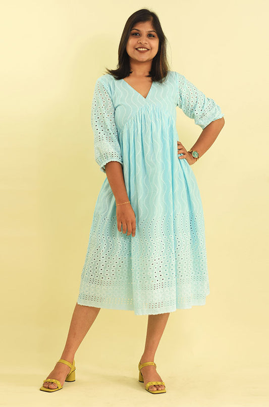IYKA – Blue Cotton Alia Cut Embroidered Dress #030027