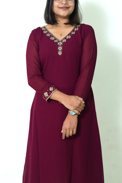 IYKA- HANDWORKED MAGENTHA GEORGETTE A-LINE KURTHI #010020