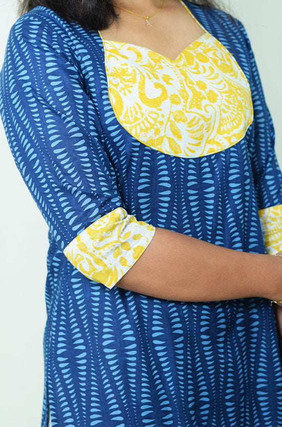 IYKA - Blue printed Kurthi with Yellow Yoke Portion #00004KUR