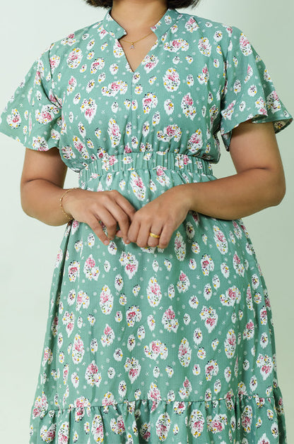 IYKA - Green Dress with White Floral Design #00016DRE