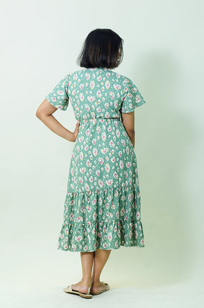 IYKA - Green Dress with White Floral Design #00016DRE