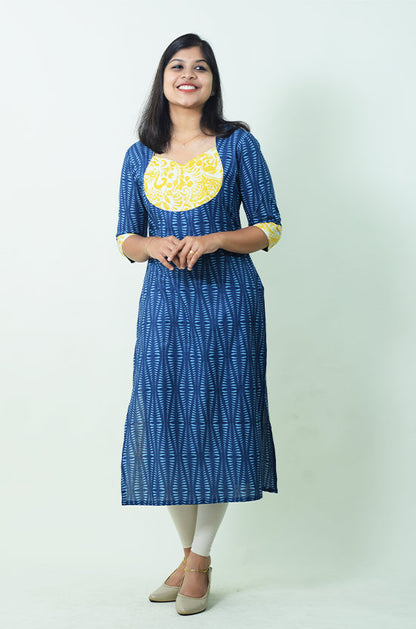 IYKA - Blue printed Kurthi with Yellow Yoke Portion #00004KUR