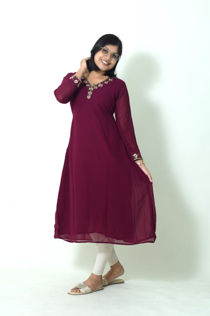 IYKA- HANDWORKED MAGENTHA GEORGETTE A-LINE KURTHI #010020