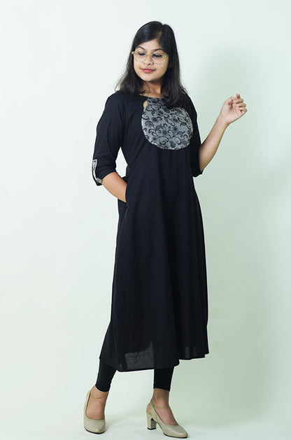 IYKA - Black Solid Kurthi with Organza Floral Yoke Portion #010082