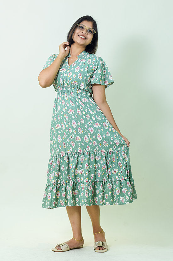 IYKA - Green Dress with White Floral Design #00016DRE