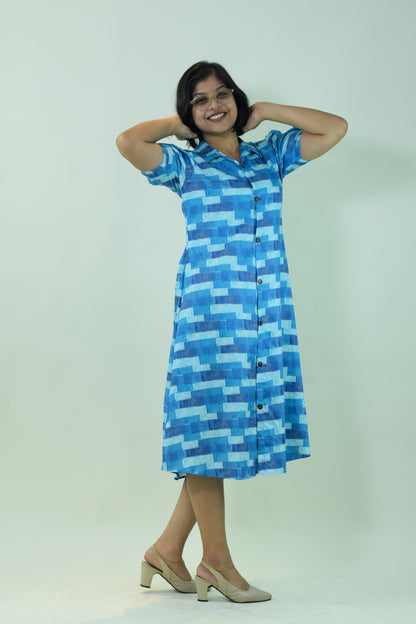 IYKA - Blue Abstract Printed Full Open Dress #00033DRE