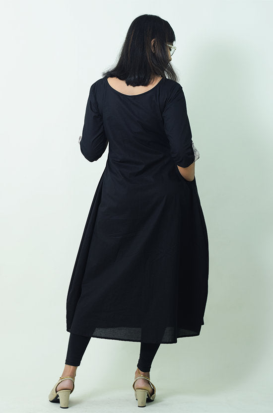 IYKA - Black Solid Kurthi with Organza Floral Yoke Portion #010082