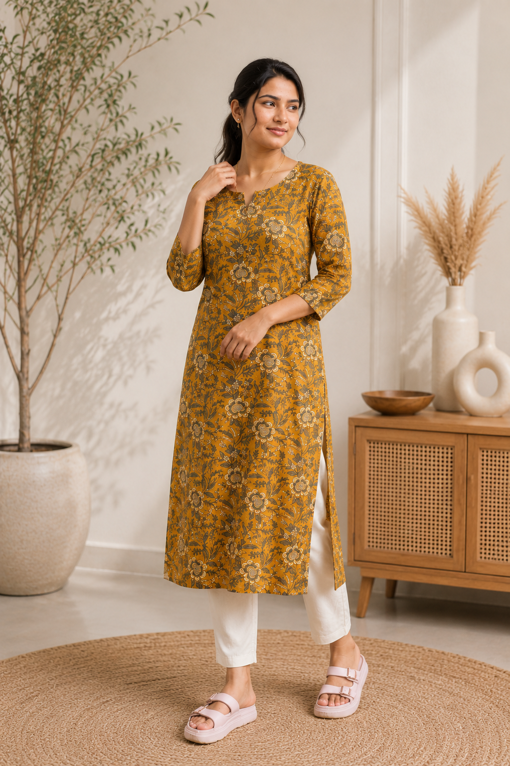 Mustard Floral Everyday Kurthi ( With Lining)