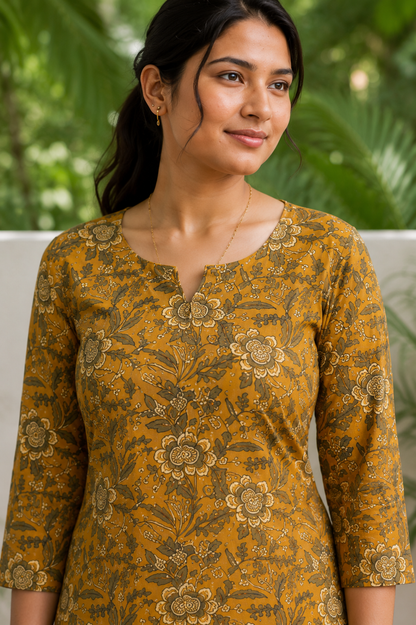 Mustard Floral Everyday Kurthi ( With Lining)