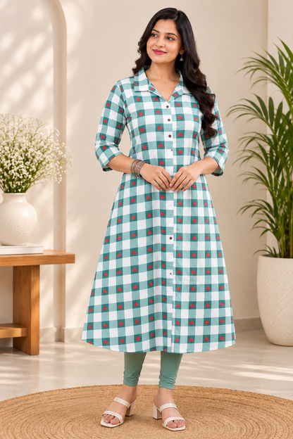 Teal Heart Checks Kurta