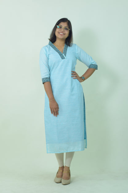 IYKA- BLUE LINEN HIGH COLLARED KURTHI #010021