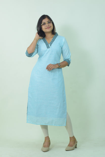 IYKA- BLUE LINEN HIGH COLLARED KURTHI #010021