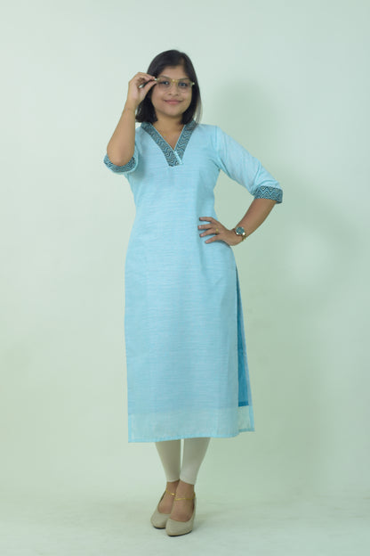 IYKA- BLUE LINEN HIGH COLLARED KURTHI #010021