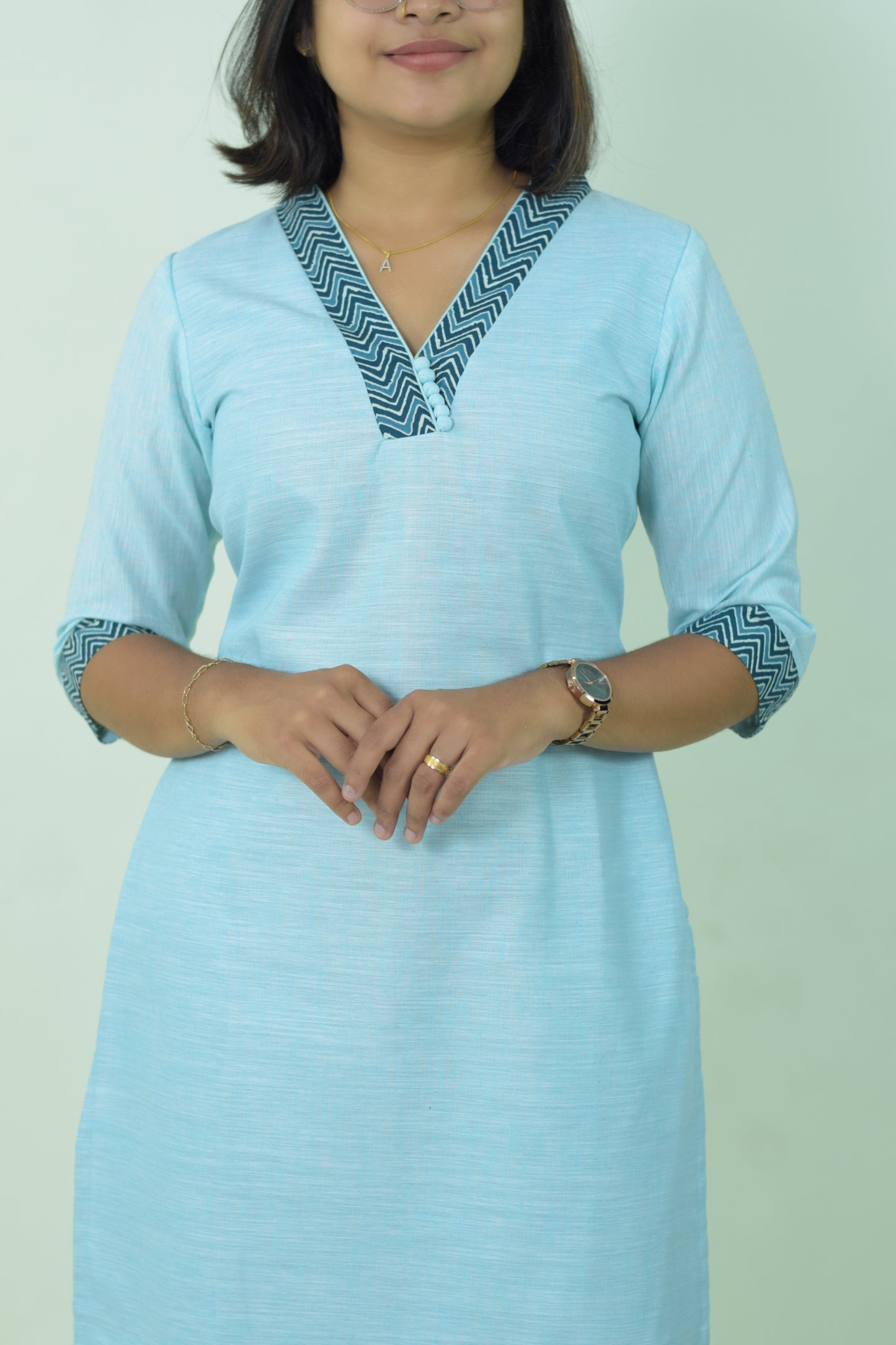 IYKA- BLUE LINEN HIGH COLLARED KURTHI #010021