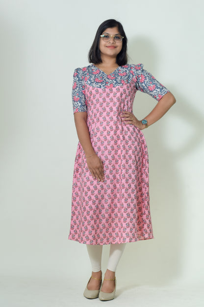 IYKA- PINK FLORAL PRINTED ALINE KURTHI #00051KUR