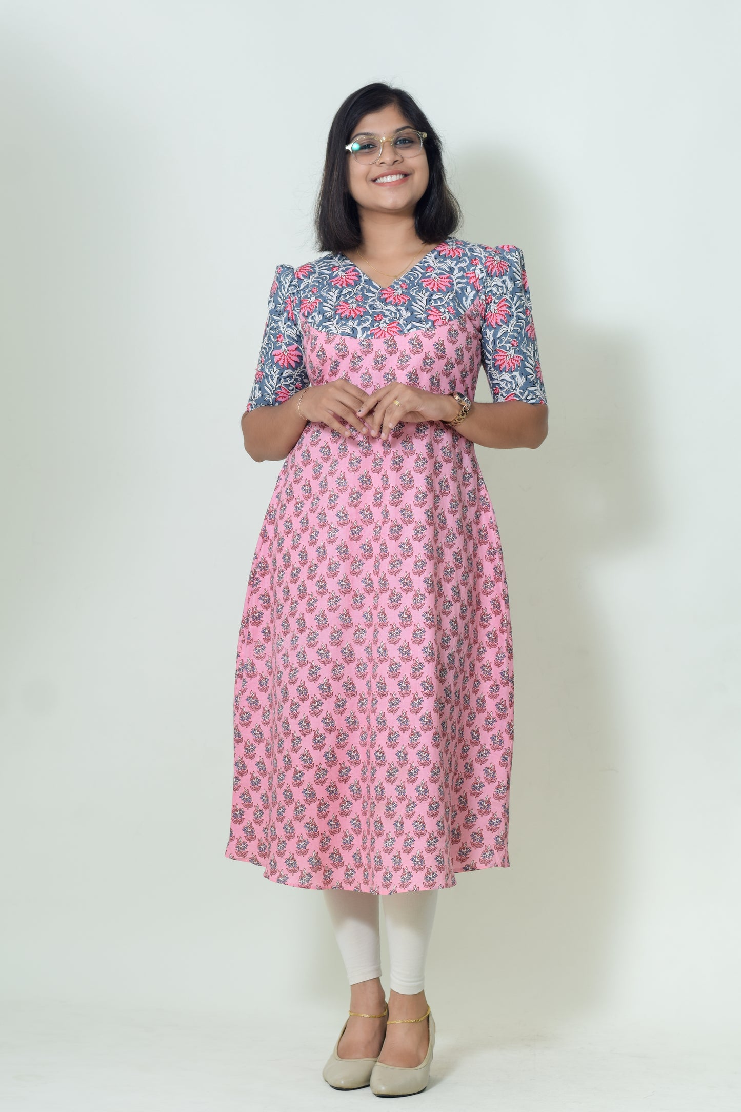 IYKA- PINK FLORAL PRINTED ALINE KURTHI #00051KUR