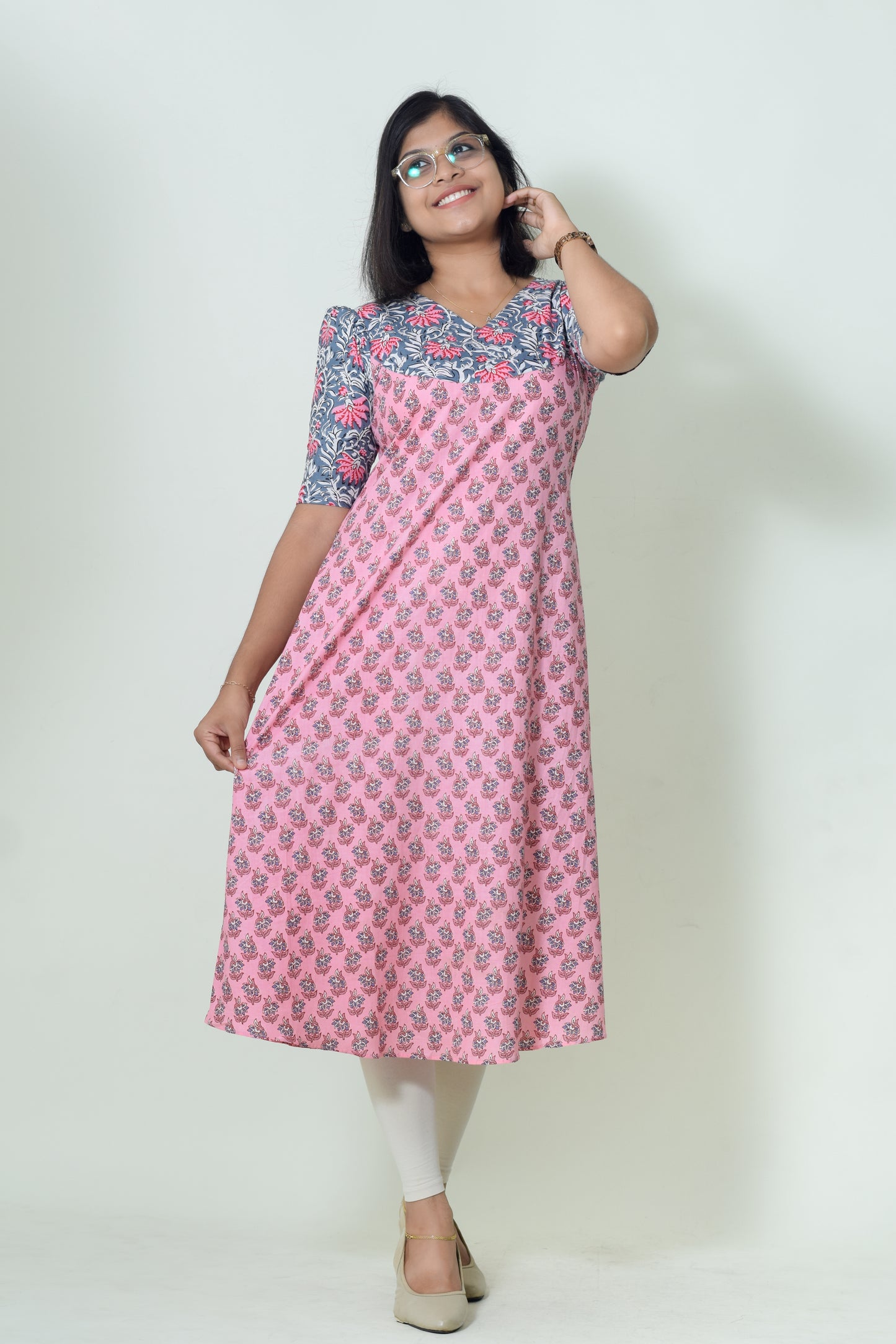 IYKA- PINK FLORAL PRINTED ALINE KURTHI #00051KUR