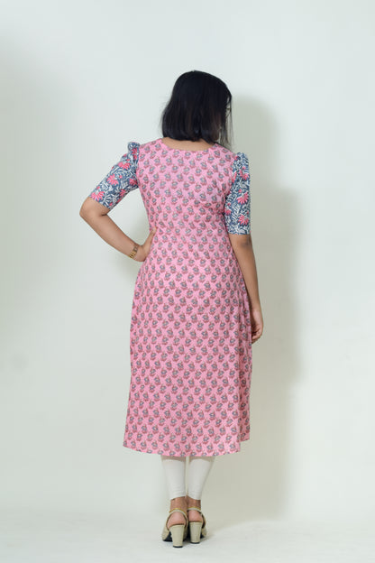 IYKA- PINK FLORAL PRINTED ALINE KURTHI #00051KUR