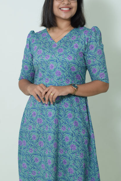 IYKA- GREEN COTTON FLORAL PRINTED A LINE KURTHI #00052KUR