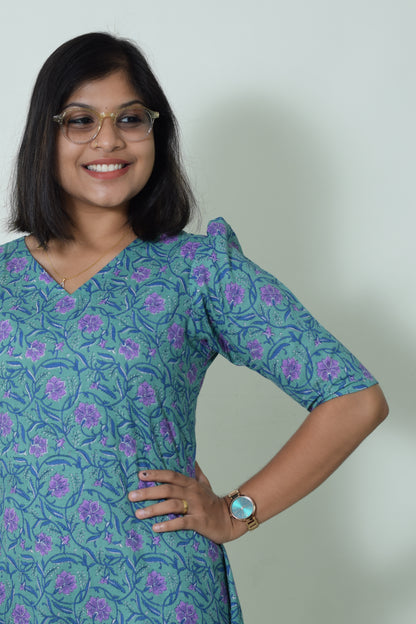 IYKA- GREEN COTTON FLORAL PRINTED A LINE KURTHI #00052KUR