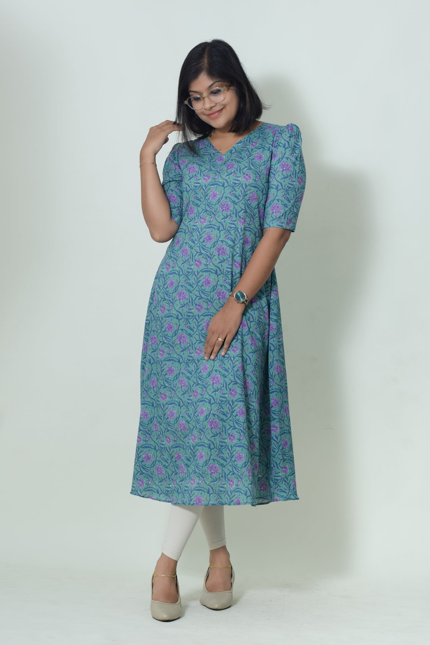 IYKA- GREEN COTTON FLORAL PRINTED A LINE KURTHI #00052KUR