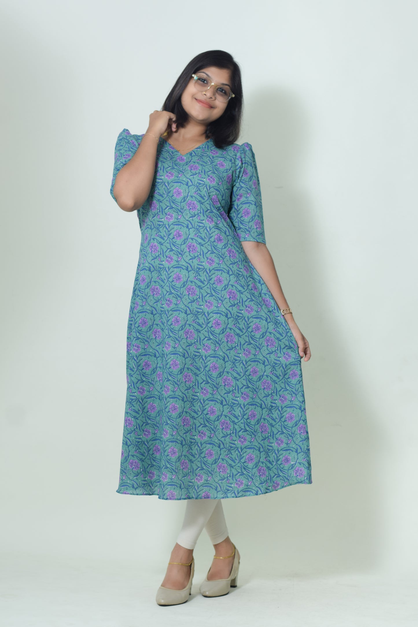 IYKA- GREEN COTTON FLORAL PRINTED A LINE KURTHI #00052KUR