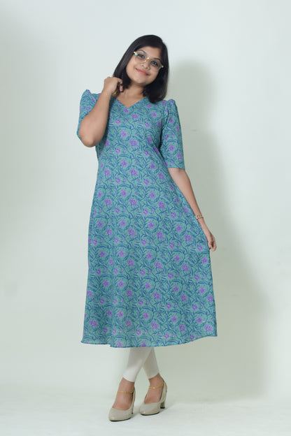 IYKA- GREEN COTTON FLORAL PRINTED A LINE KURTHI #00052KUR