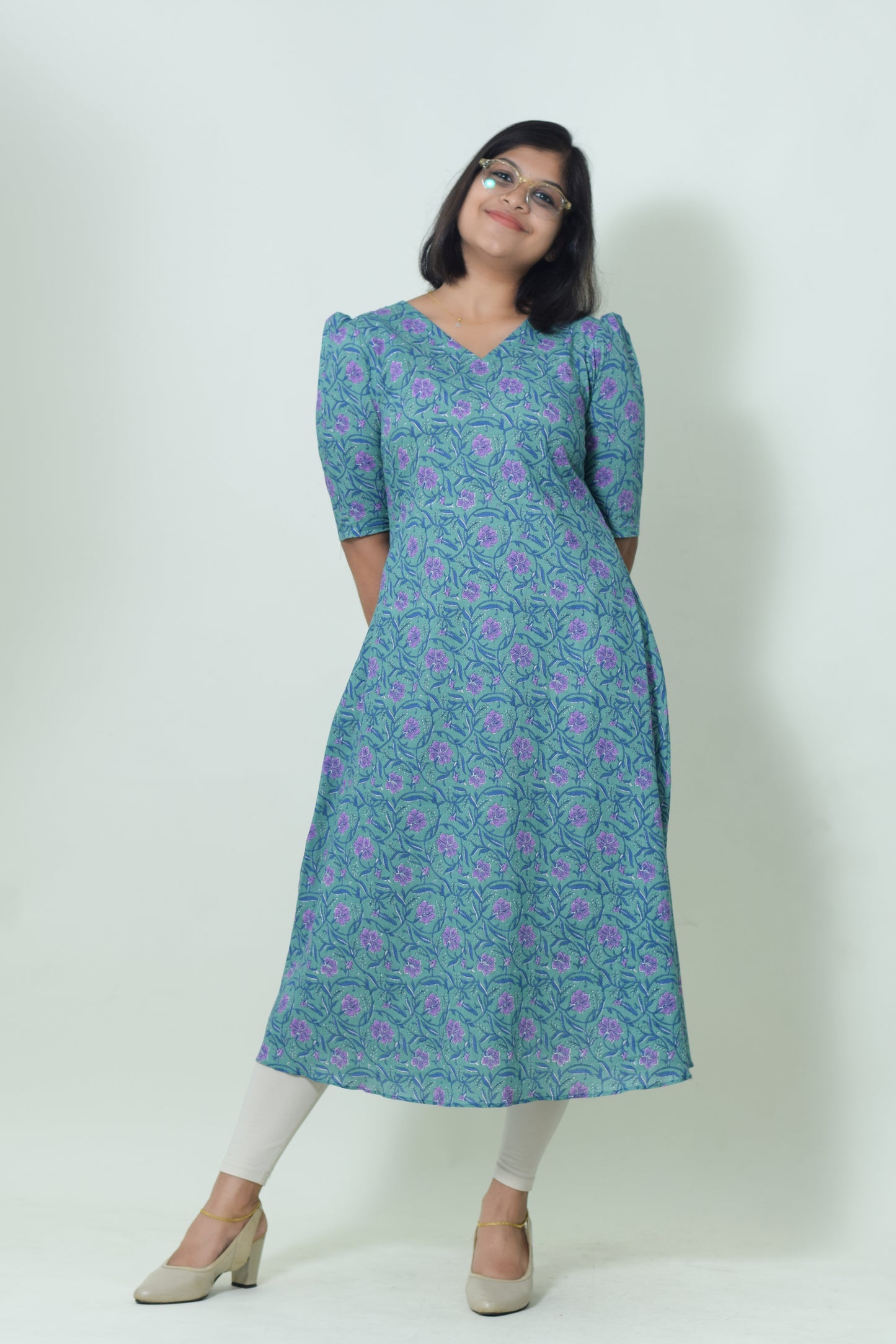 IYKA- GREEN COTTON FLORAL PRINTED A LINE KURTHI #00052KUR