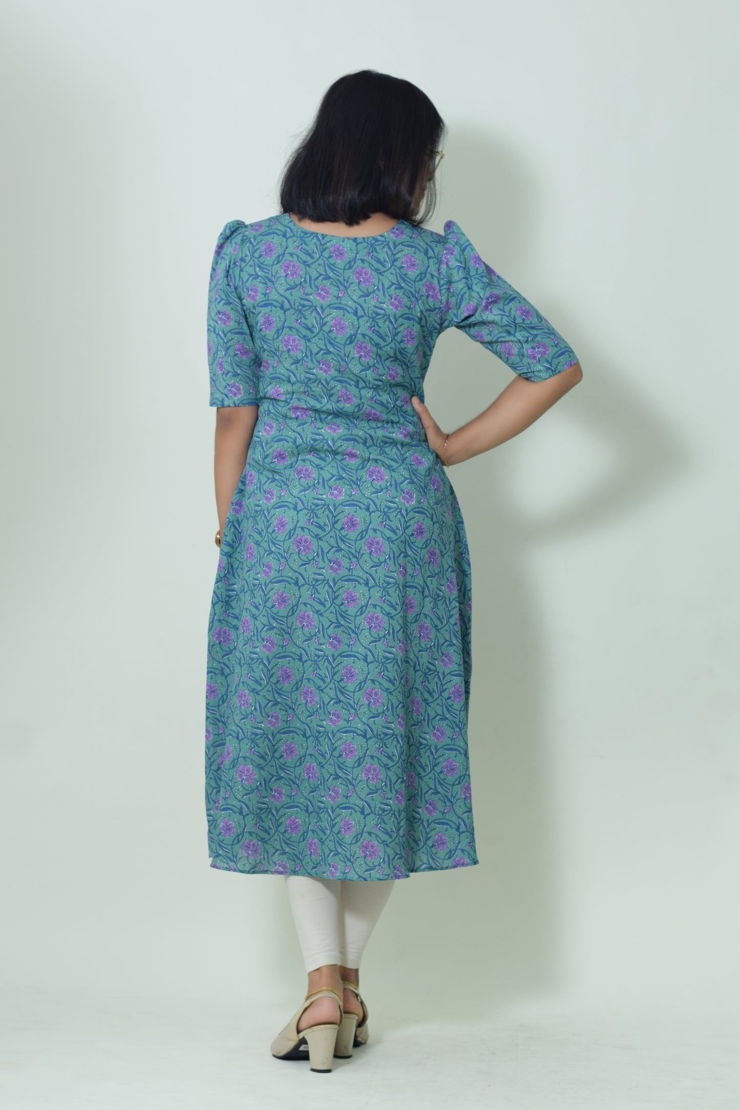 IYKA- GREEN COTTON FLORAL PRINTED A LINE KURTHI #00052KUR