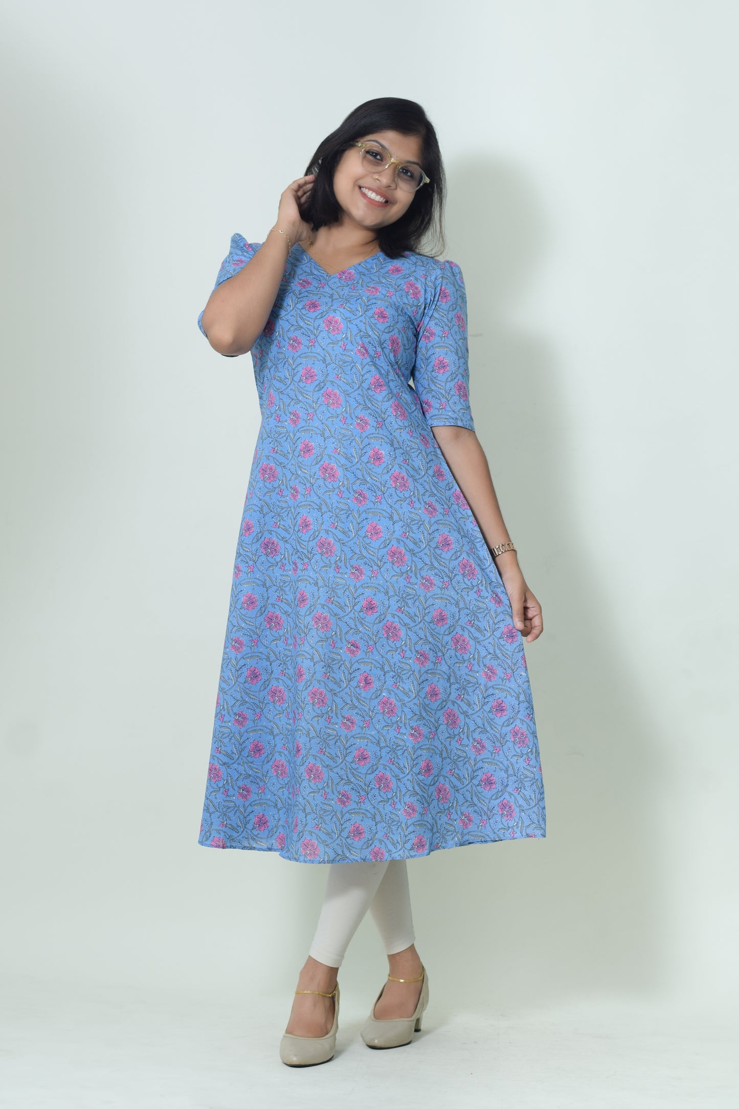 IYKA- BLUE COTTON FLORAL PRINTED A LINE KURTHI #00053KUR