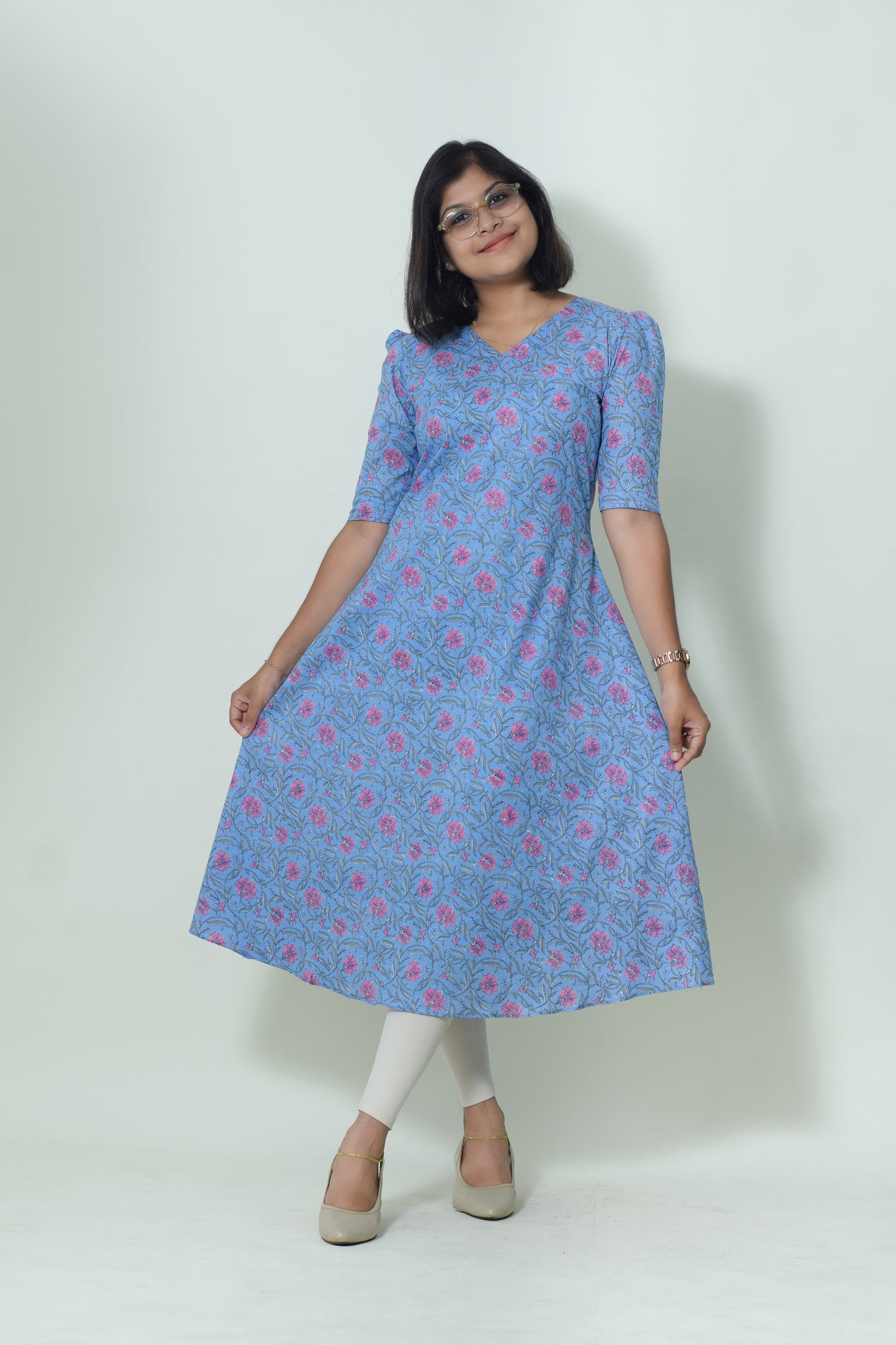 IYKA- BLUE COTTON FLORAL PRINTED A LINE KURTHI #00053KUR