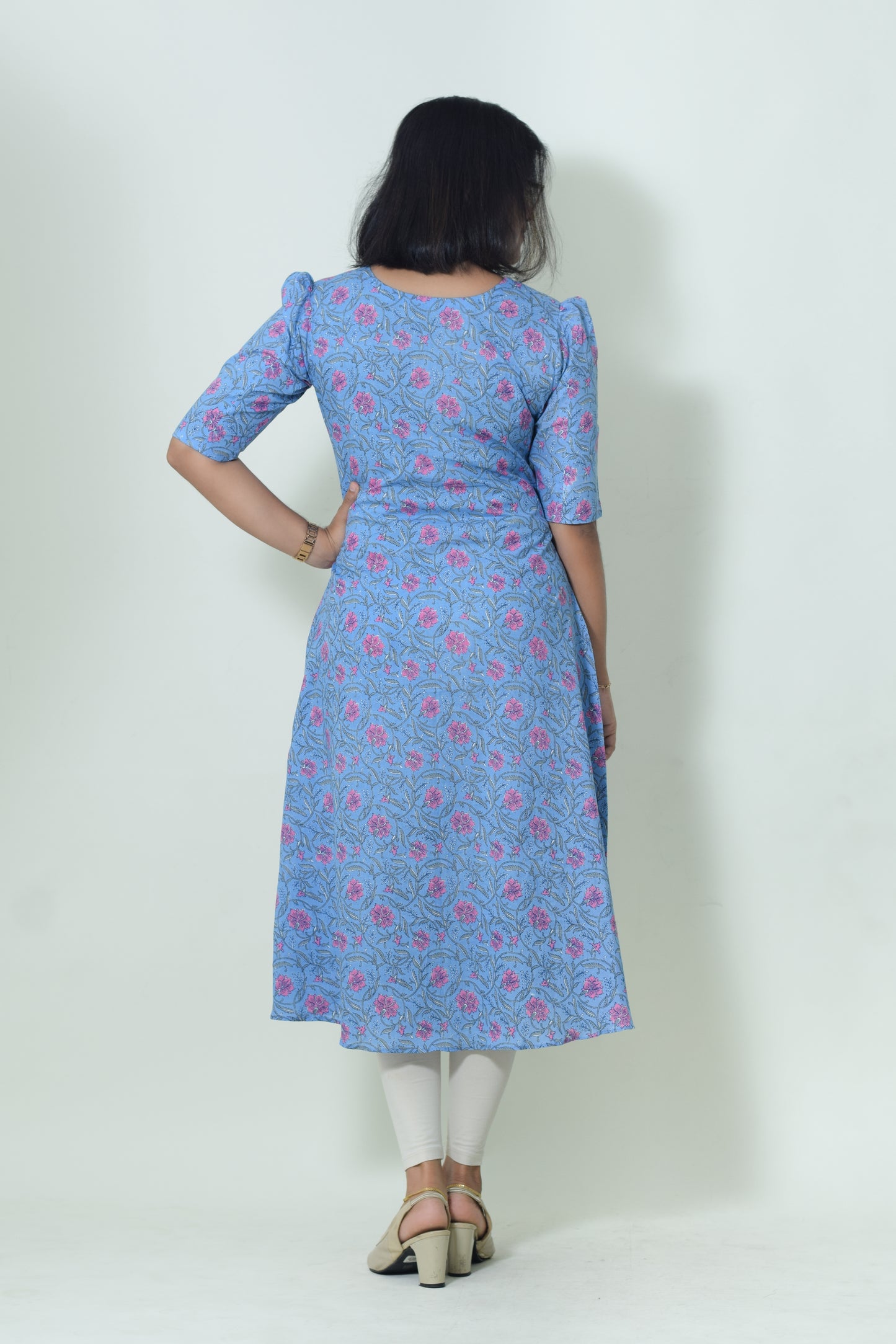 IYKA- BLUE COTTON FLORAL PRINTED A LINE KURTHI #00053KUR