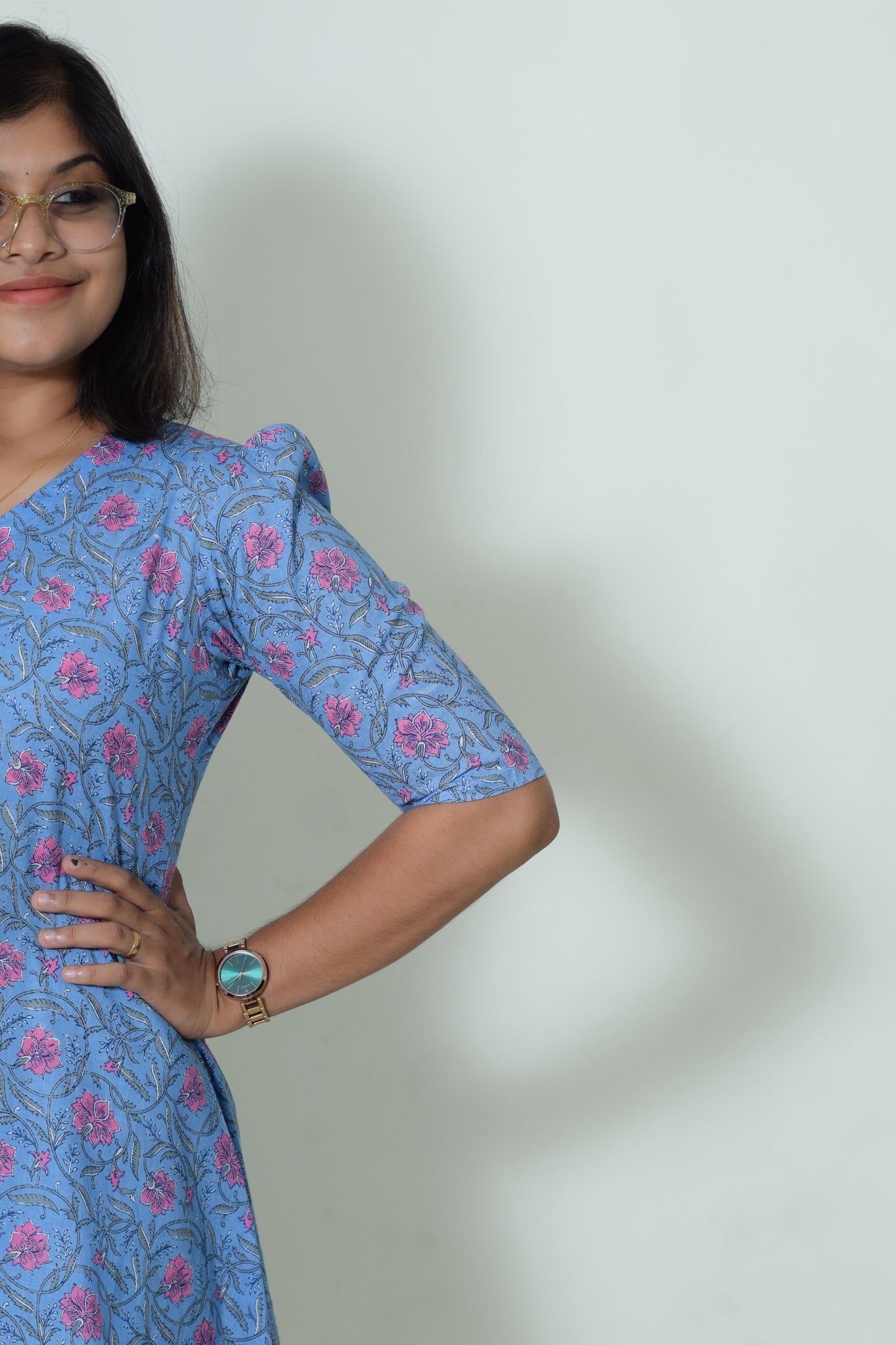 IYKA- BLUE COTTON FLORAL PRINTED A LINE KURTHI #00053KUR