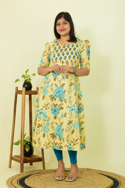 Cream Blossom Puff Kurthi
