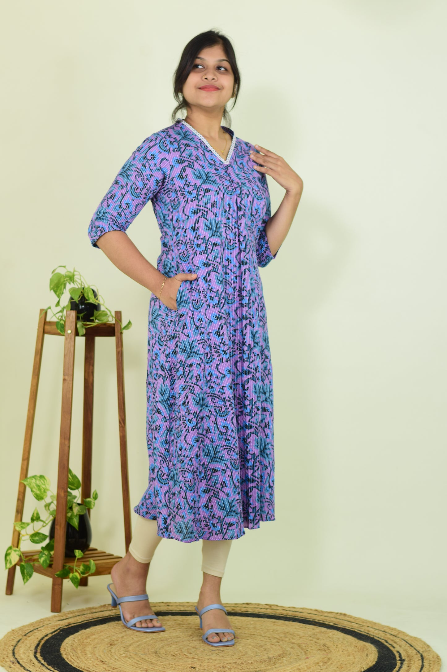 Lavender Katha A-Line Kurti