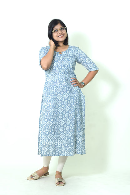 IYKA- BATIK PRINTED BLUE COTTON KURTHI #00050KUR