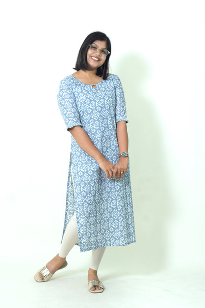 IYKA- BATIK PRINTED BLUE COTTON KURTHI #00050KUR