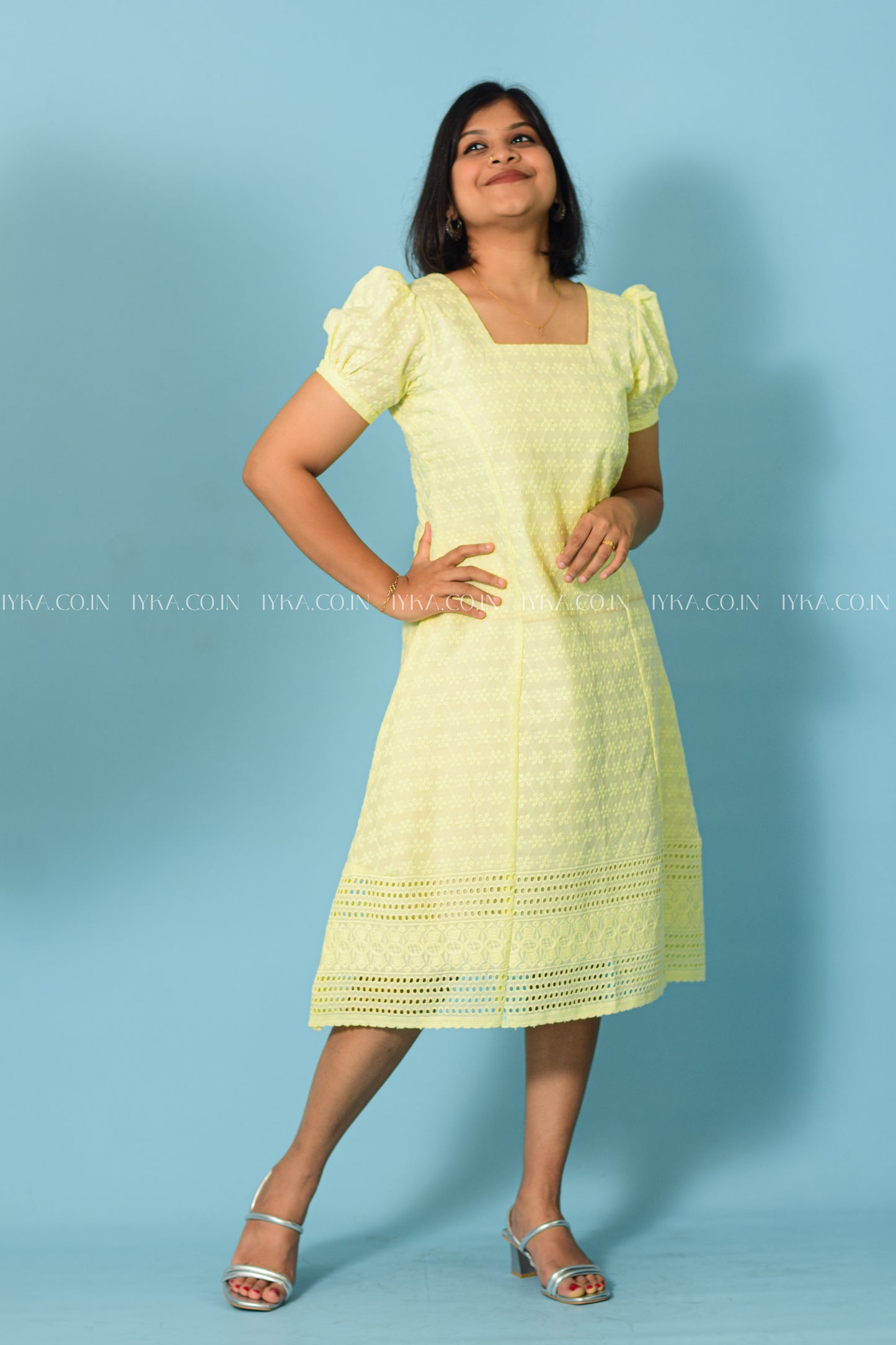 IYKA- LEMON YELLOW COTTON EMBROIDERED DRESS #00173DRE