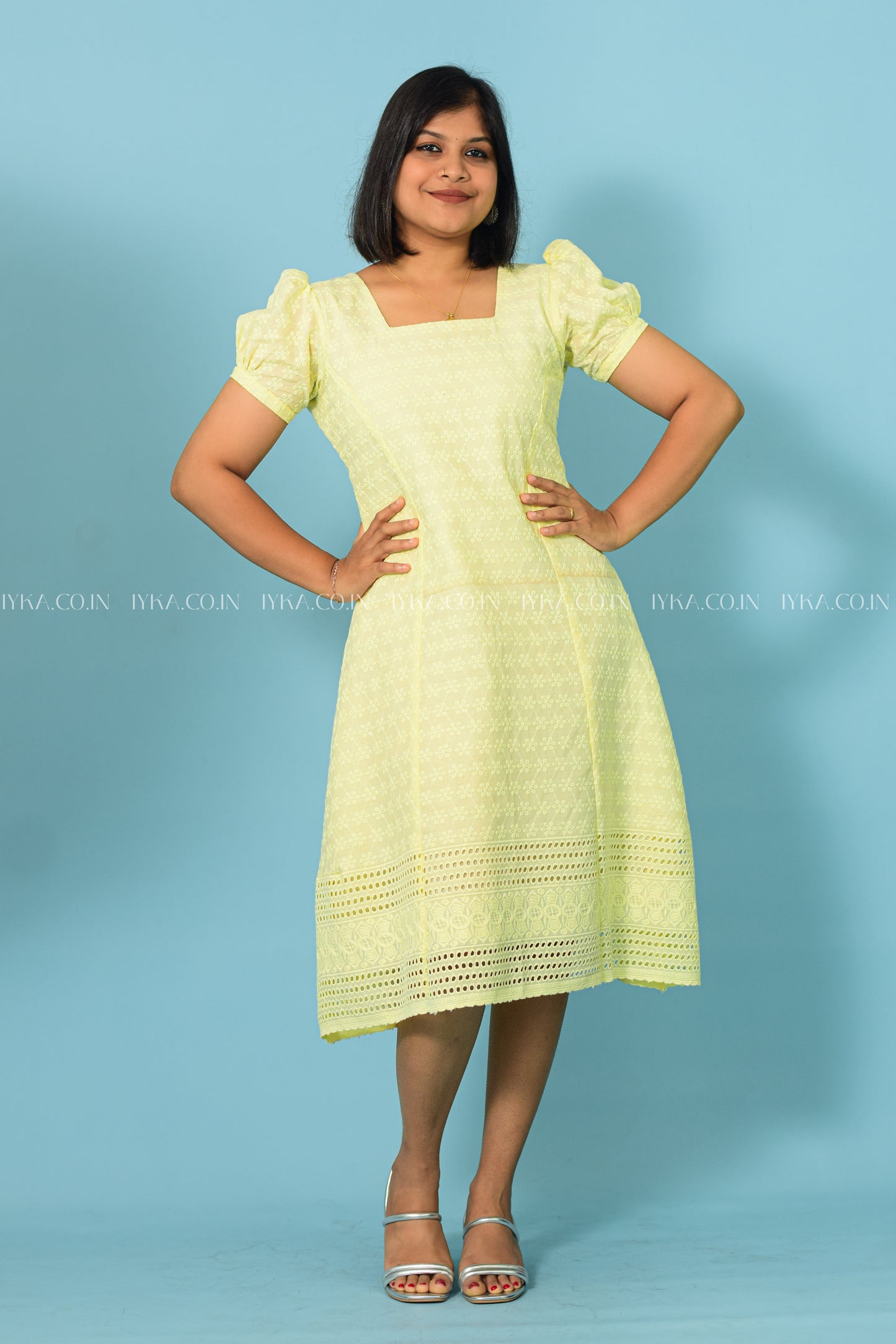 IYKA- LEMON YELLOW COTTON EMBROIDERED DRESS #00173DRE