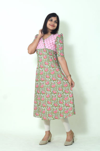 IYKA- GREEN AND PINK FLROAL PRINTED ALINE KURTHA #00056KUR