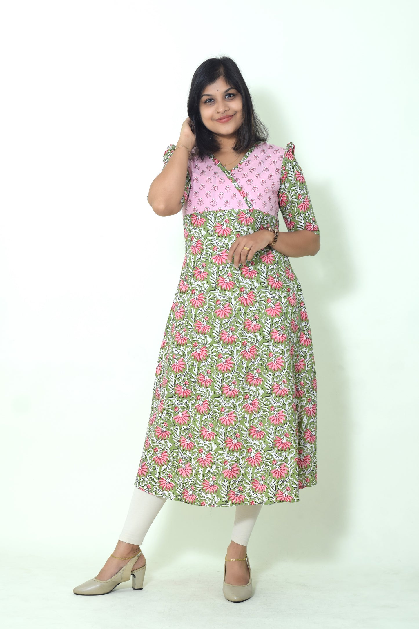 IYKA- GREEN AND PINK FLROAL PRINTED ALINE KURTHA #00056KUR