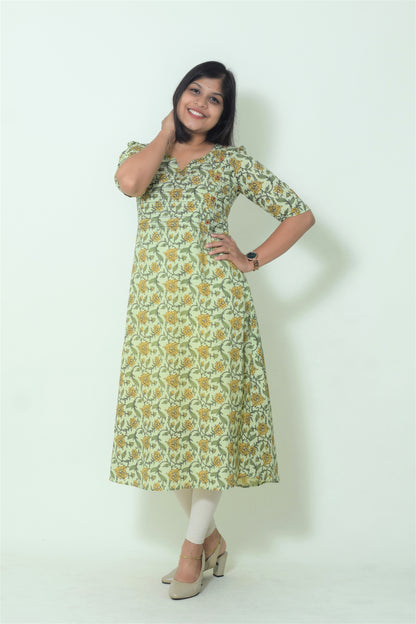 IYKA- FLROAL PRINTED GREEN ALINE KURTHA #00055KUR