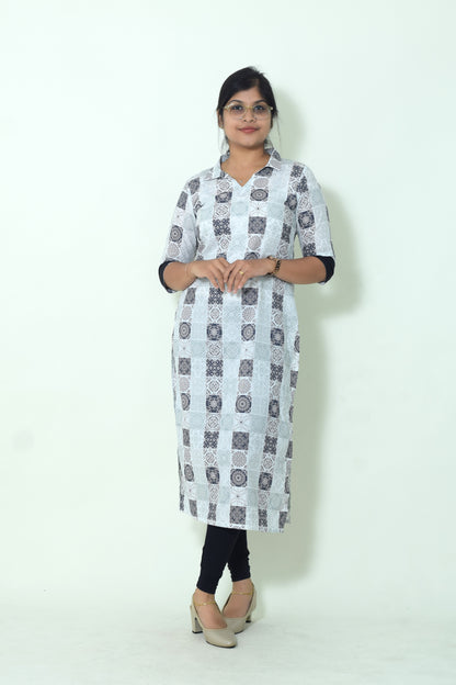 IYKA- BLACK AND WHITE COLLARED STRAIGHT CUT KURTHI #00059KUR