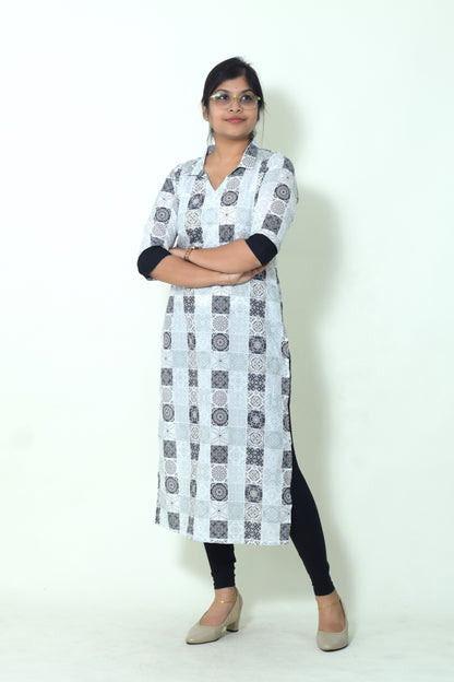 IYKA- BLACK AND WHITE COLLARED STRAIGHT CUT KURTHI #00059KUR