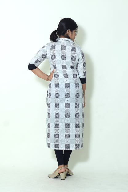 IYKA- BLACK AND WHITE COLLARED STRAIGHT CUT KURTHI #00059KUR