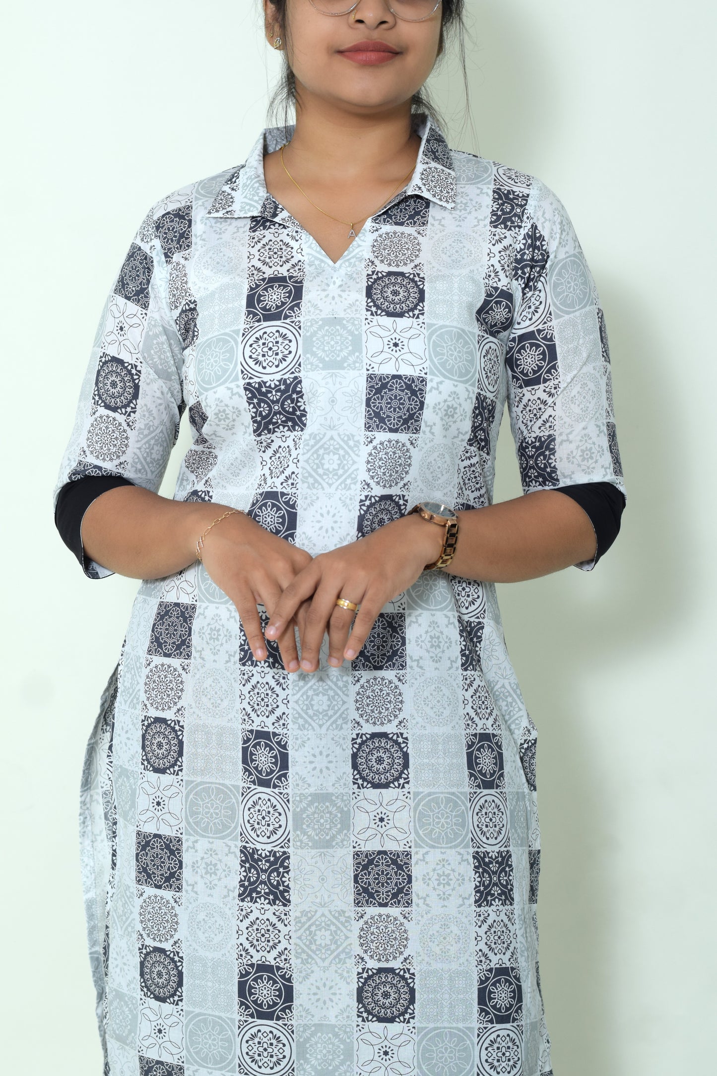 IYKA- BLACK AND WHITE COLLARED STRAIGHT CUT KURTHI #00059KUR